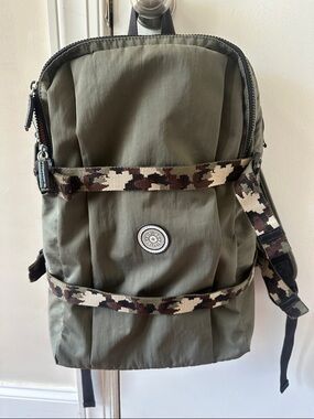 Kipling Olive Green Backpack with Camouflage Strap Detail